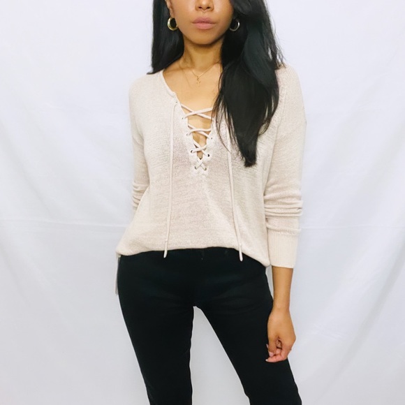 Loft | Beige Knit Long Sleeve Sweater V-Neck Lace Up Top - Picture 7 of 10